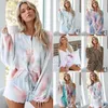 Women Two Piece Outfits Tracksuit Long Sleeve Top and Shorts Set Tie-dye Pajamas Suit Ladies Running Suits GGA3408-2