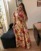 Summer Boho Floral Print Lång klänning Kort ärm Tunika Maxi Dress Women Fashion Evening Party Dress