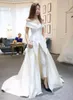 Plus Size Satin Wedding Dresses with Off Shoulder Bridal Gowns Pant Suit Two Pieces A Line Long Train Vestidos De Fiesta3143