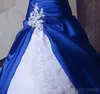 2019 Royal Blue White Vintage Wedding Dresses Sweetheart Neckline Beaded Beading Chapel Train Satin Lace Up Back Appliqued Wedding Gown