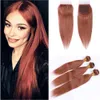 Dark Auburn Human Hair 3Bundles and Closure #33 Copper Red Brazilian Straight Human Hair Weaves with Lace Closure 4x4" Reddish Brown Bundle