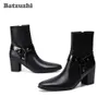 Batzuzhi 7,5 cm High Heels Herren Stiefel Neue Schwarze Leder Stiefeletten Männer Spitz Stiefeletten für Männer Hochzeit Party, Größe 38-46