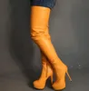 Rosa Amarelo Matte Ouro Couro Plataforma botas longas Mulher Rodada Toe Fino Salto Coxa Botas Moda Night Club sobre as botas do joelho