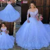 White Princess Ball Gown Bröllopsklänning 2020 Lace Appliques Långärmade Bröllopsklänningar Plus Storlek Robe de Marie