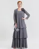 Grey Mother Of The Bride Dresses With Long Sleeve Jacket Beading Evening Gowns Wedding Party Dress Plus Size Tulle Formal Wear