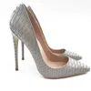 Hot Sale-Nytt mode Grå Serpentine Tip Spetsiga Toes Högklackade Skor 12cm Dam Pumps, Sexig Grå Lack Snake Stiletto Dress Skor