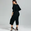 Plus size 4xl femininas sólidas negras soltas mulheres casuais 2 peiços conjunto ruffles blusa larga perna capri calças femininas ternos