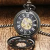 Steampunk Antique Black Gold Bronze Pocket Watch szkieletowe ręczne zegarki mechaniczne męskie damskie zegar łańcucha wisienia