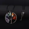 Natural Stone Pendulum Pendant Necklace for Women 7 Chakra Quartz Tree of Life Healing Crystal Reiki Jewelry Black Leather Cord Wax Chain