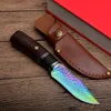 1Pcs New Damascus Hunting Knife Damascus Steel Colorful Titanium Coated Blade Wood Handle Outdoor Survival Straight Knives