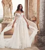 Elegant Bohemian A Line Wedding Dresses Jewel Neck Long Sleeve Tulle Lace Applique Wedding Gowns Sweep Train robe de mariée