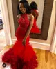 2020 New Style Red Mermaid Ballkleider SpitzeApplique Perlen Sweep Zug Rüschen Tiered Tüll Party Kleider Formelle Abendkleider256V
