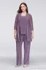 Plus Size Cheap Purple Three Pieces Mother of The Bride Pant Suits with Jackets Sequins Wedding Guest Dresses Chiffon Mothers Groom Dresses