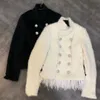 New design womens stand collar white color double breasted long sleeve slim waist bottom feather patchwork short coat jacket faux fur top