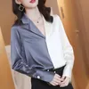 MEVGOHOT Mulberry Silk Woman Fashion Splice Shirt Casual Loose Patchwork Long Sleeve Silk Blouse Female Home Wear Tops HD2092