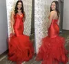 2020 Red Ruffle Mermaid Prom Bridesmaid Dresses Strapless Satin Dress Evening Wear Party Long Formal Dress Special Endan Women 277e