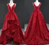 Bling Red Asymmetrical Prom Long Formal Dresses A-line Sequined Double V-neck Lace-up Dresses Evening Wear Pageant Homecoming Birdesmaid