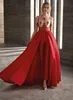 Red Lace Stain Silanie kombinezon z pociągiem nowoczesny pół rękawów Sheer szyi pełna długość arabska okazja wieczorna sukienka z garniturem spodni