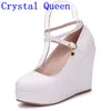 Kristal Kraliçe Beyaz Platform Takozlar Ayakkabı Kadınlar Yüksek Topuklu Platform Ayakkabı Pompalar Yuvarlak Burun Takozlar Pompalar Çapraz Kravat Takozlar Topuklu