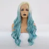 Perucas sintéticas Wholale Body Curly Lace Front Wig Ombre Blue Hair Heat Ristant Fibras Sintéticas Lace Front Wig Gluel Meia Mão Amarrada para Todas as Mulheres