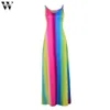 Womail Print Vestido largo Mujer Correas Cuello en V Bolsillos sin mangas Boho Maxi Rainbow V-cuello dropship Feb14