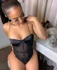 Floresan Yeşil Romper Mesh Şeffaf Teddy Bodysuit Metal Zincir Sapanlar Backless Push Up Göğüs Seksi Bodycon Tulum Parti 210517