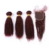 # 99J Burgundy Röd hårbuntar och stängning Kinky Curly Lace Closure med Weaves Wine Red Malaysian Curly Human Hair Extensions med stängning