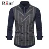 Mens Stripe Plaid Formell Blazer Västar Casual Dubbelbröst V-Neck Fashion S-2XL Male England Style Casual Västar EUR Storlek