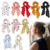 INS Chiffon Summer Bright Rose Floral Hair Scrunchies Women Accessories Hair Bands Ties Ponytail Holder Rubber Rope Decoration Long Bowknot