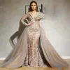 Arabic Dubai Lace Mermaid Evening Dresses Long Detachable Train Applique Full Sleeve Overskirts Prom Dress V Neck Tulle robe de soiree