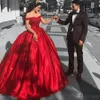 2019 Dark Red Ballgown Prom Dresses Off the Shoulder Lace Appliqued Beaded Satin Floor Length Saudi Arabic Evening Formal Wear