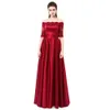 2019 Nowy Wino Czerwona Koronkowa Haft Luksusowy Satynowy Pół Rękaw Długa Suknia Elegancka Banquet Prom Dress Robe de Soiree 497