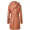 Giacca da donna in ecopelle autunno inverno Cerniera da donna Cappotto lungo in pelle con cappuccio a maniche lunghe Donna Giacche da motociclista di alta qualità PU