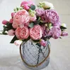 Ramo de flores artificiales de peonía de seda rosa de 30 cm, 5 cabezas grandes y 4 brotes, flores falsas baratas para el hogar, decoración de la boda, interior, 8 colores