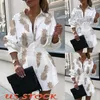 Casual Kleider Frauen V-ausschnitt Langarm Ananas Print Bluse Button-Down Top Hemd Lose Mini Kleid Top1