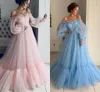 2020 New Sexy Sky Blue Pink Prom Dresses Full Tulle Pleats Poet Sleeves Open Back Party Evening Gowns Plus Size Special Occasion Dress