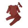 Дети рюшанные наборы одежды ratcher с длинным рукавом топ + юбка брюки + лук повязка на голову 3шт / комплект одежды детская одежда девушка эластичные брюки м702
