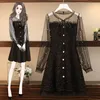 婦人服エレガントなドレス新しい2020春と秋の黒い弓襟ビーズメッシュ長袖ツイードプラスサイズのドレス