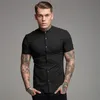 Novos chegados de verão homem de manga curta camisa de fitness sólida stand colar super esbelto vestido de negócios camisa de vestido botão de ginástica de ginástica