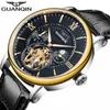 Guanqin top top top tourbillon esqueleto relógio de pulso homens moda casual couro automático relógio mecânico relogio masculino