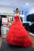 2019 Beautiful Red Prom Dresses Long Sweetheart Neckline Tiered Ruffles Skirt Floor Length Tradtional Evening Dresses with Hand-made Flower