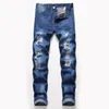 Pantalones vaqueros rasgados de pierna recta clásicos para hombre de gran tamaño Diseñador de moda Slim Fit Washed Solid Hole Biker Hip Hop Retro Pantalones de mezclilla azul JB2