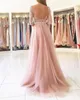New Blush Pink 3/4 Long Sleeves Split Long Bridesmaids Dresses Sheer Neck Appliques Lace Maid of Honor Country Wedding Guest Gowns Cheap