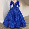 Feather Long Sleeve Royal Blue Sequins Lace Elegant Evening Formal Dress Glitz Pageant Dresses for Girls Party Prom Gowns es