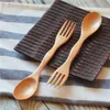 100% Natural Wood Spoon Fork 2 in 1 Portable Travel Cutlery Wooden Dinnerware Free Shipping WB318