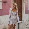 Yojoceli Sexy Floral Print Shirred Dress Women Square Neck Długi Rękaw Slim Mini Dress Szyfon1