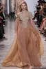 Tony Chaaya Champagne Abiye ile Ayrılabilir Etek V Yaka Sweep Tren Uzun Kollu Abiye Dantel Aplike Illusion Resmi elbise