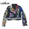 Lordlds 2019 skórzana kurtka damska Graffiti kolorowy nadruk kurtki motocyklowe i płaszcze PUNK Streetwear odzież damska