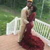 Sexy Burgundy Mermaid Prom Dresses 3D Floral Rose Flowers Lace Appliques Beaded Long Sleeves Open Back Sweep Train Party Evening Gowns