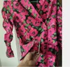 Automne blazer mujer vintage rose imprimé fleuri long blazer boho ceintures à manches longues femmes coréennes blazers et vestes